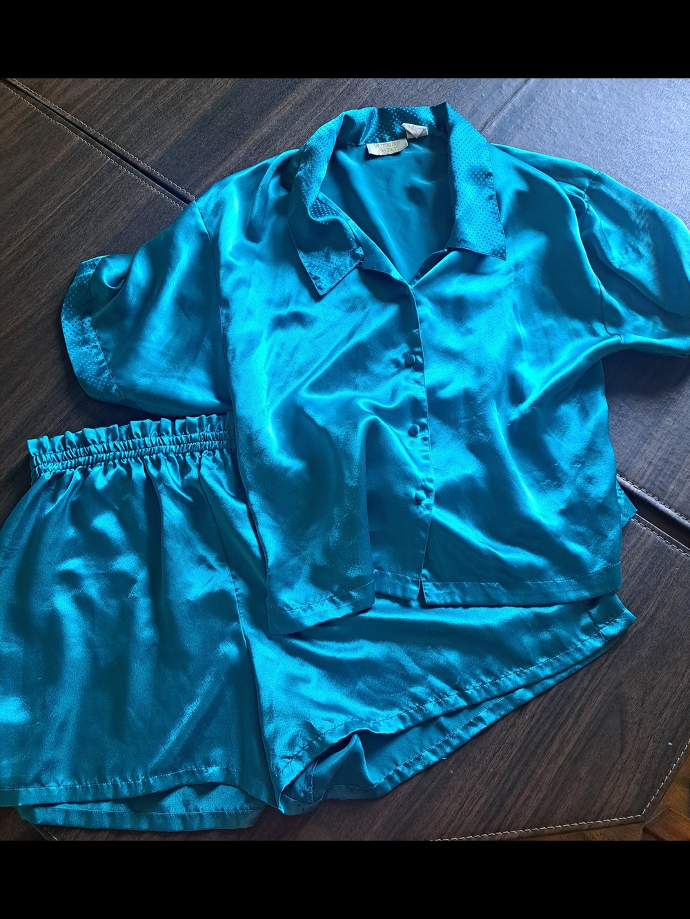 Victoria's Secret Teal Satin Short Pajama Set Size Small Vintage